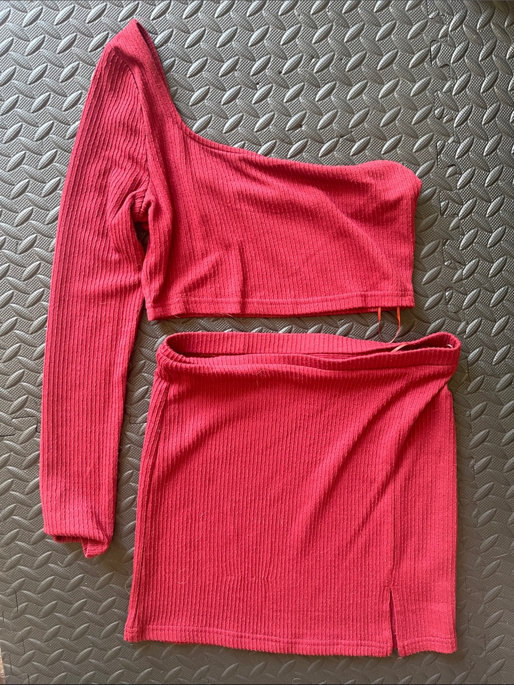One-Shoulder Ribbed Mini Skirt Set - Hot Pink